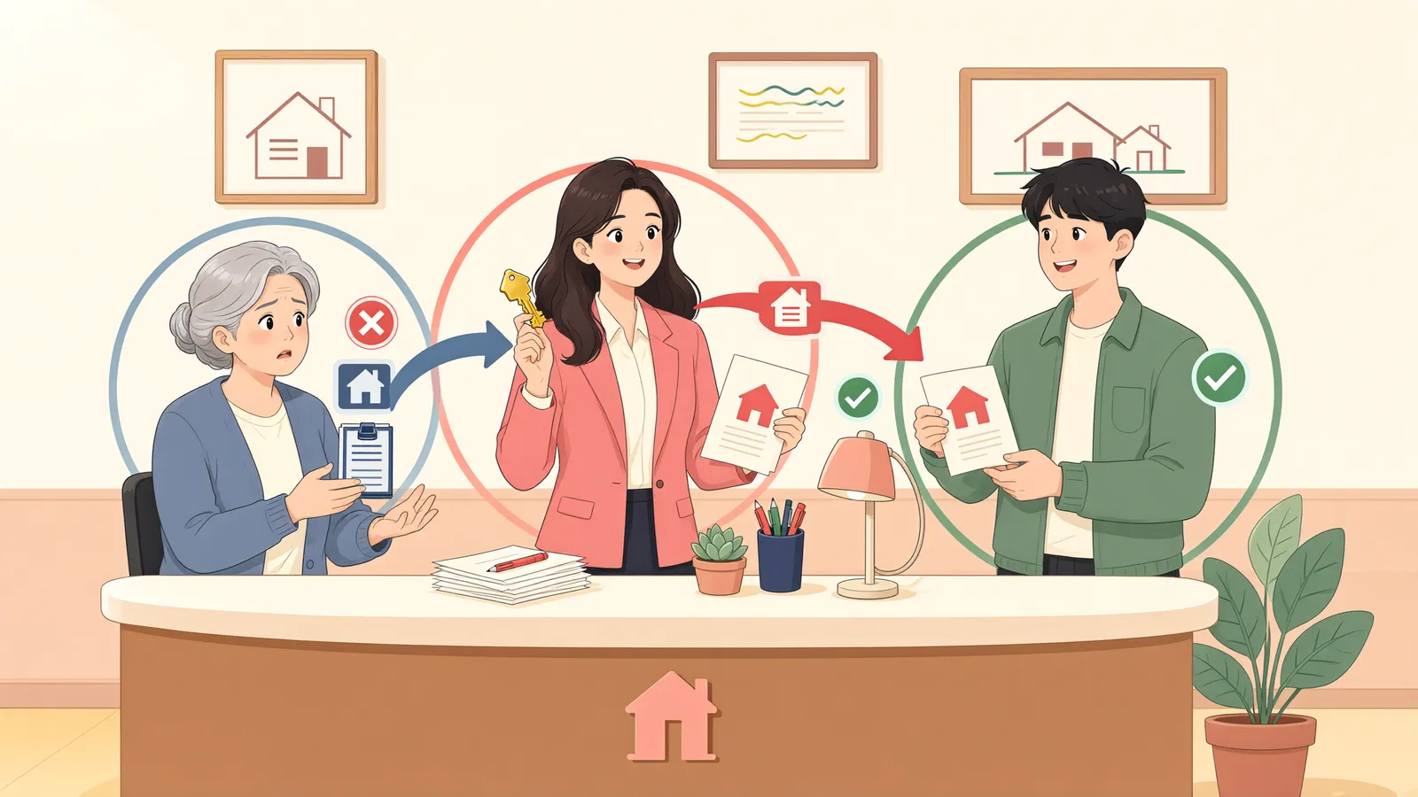 「명의가 한 번 더 넘어간 등기, 누구와 말소를 신청할까?」 상황을 그린 삽화