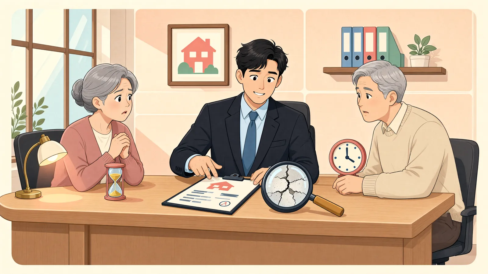 「하자 통지는 6개월 안에, 소송은 그 뒤에도 가능할까」 상황을 그린 삽화