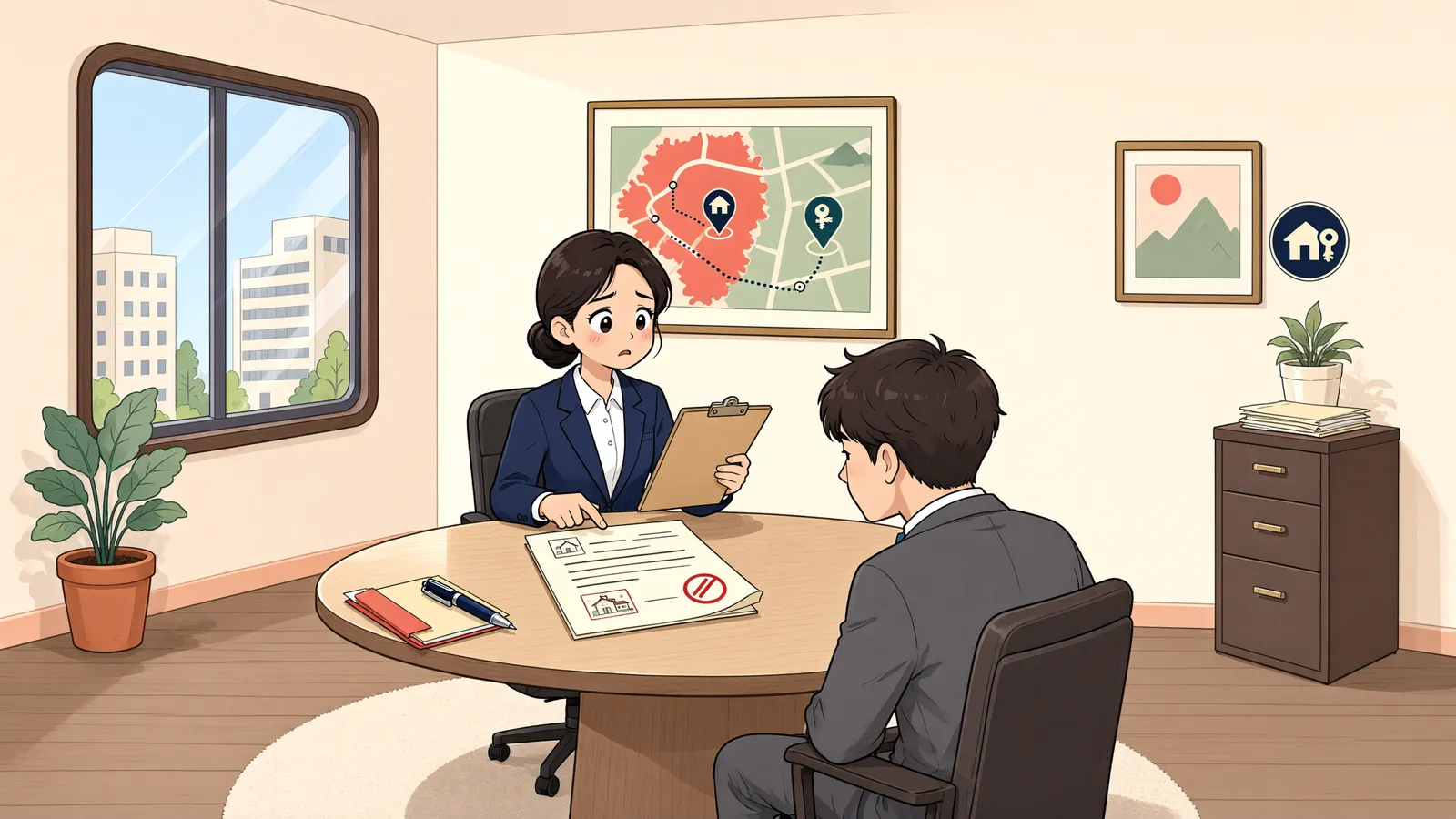 「허가 신청도 안 했는데 중도금 지체라며 계약 해제?」 상황을 그린 삽화