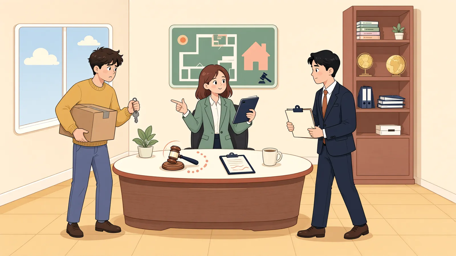 「경매개시 뒤 시작된 유치권, 낙찰자에게 통할까」 상황을 그린 삽화