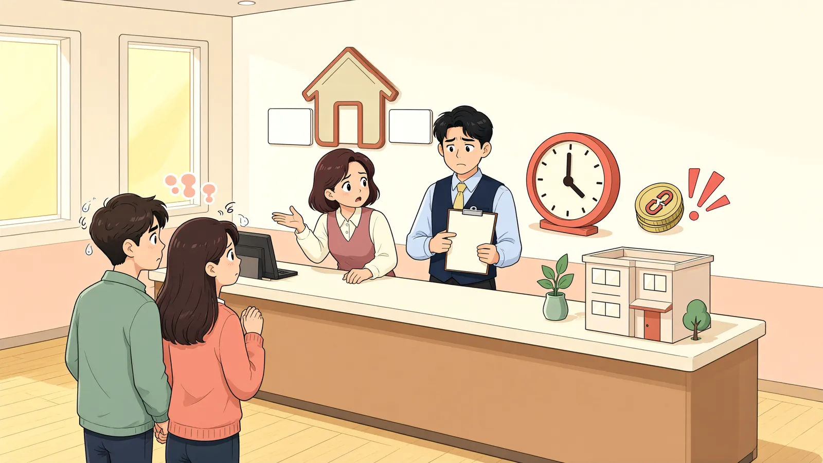 「입주가 늦어진 아파트, 밀린 중도금은 언제부터 연체일까」 상황을 그린 삽화