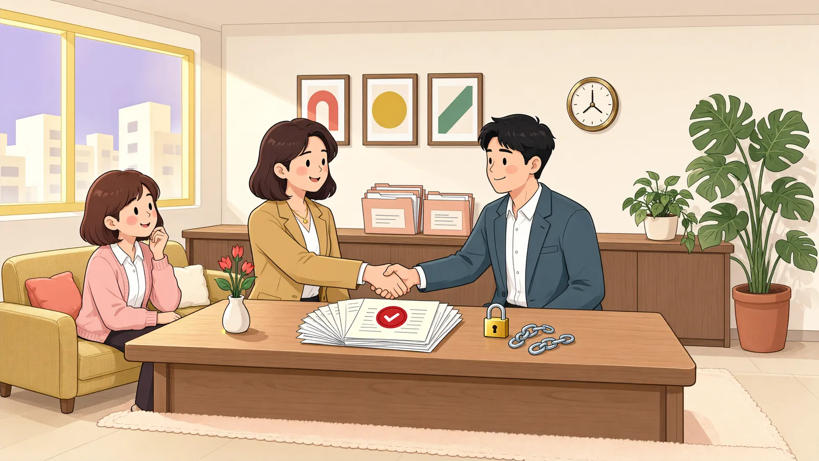 「면책을 받았는데, 보증인에게는 왜 청구가 올까요?」 상황을 그린 삽화