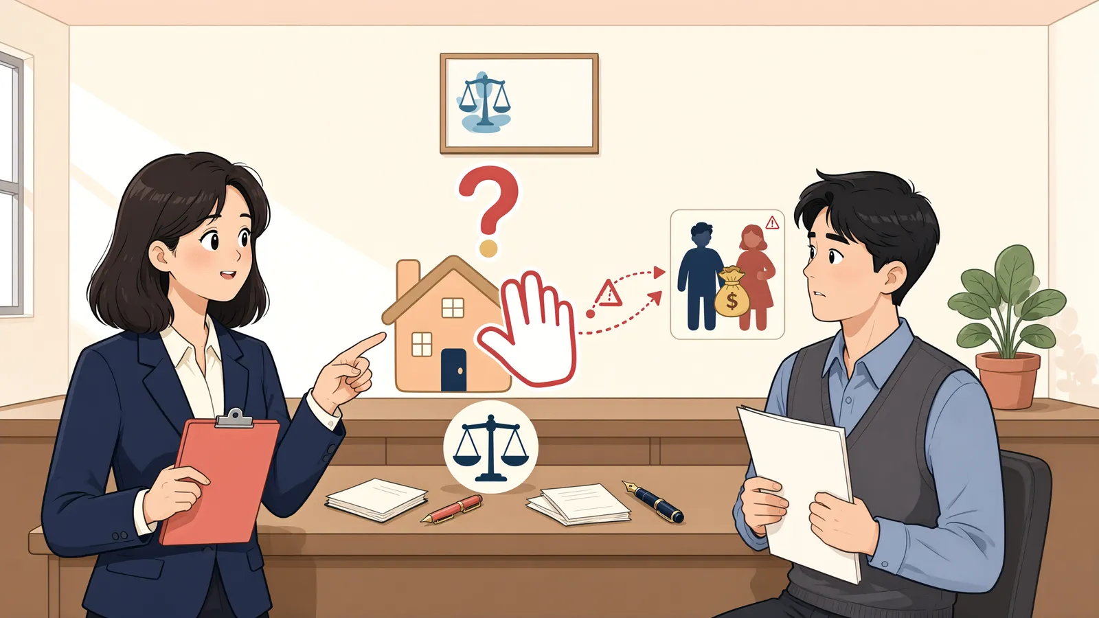 「상속을 포기하면 채권자가 취소할 수 있을까」 상황을 그린 삽화