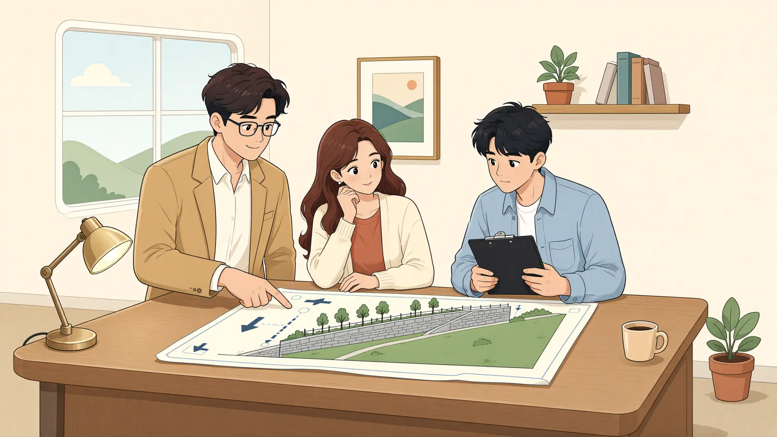 「집보다 먼저 세운 옹벽, 신고는 따로 해야 할까?」 상황을 그린 삽화