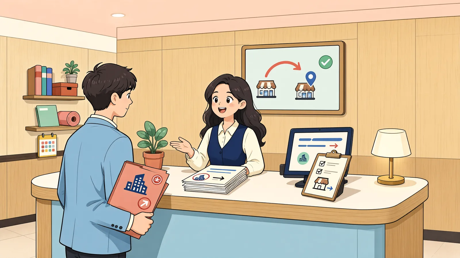「사업장을 옮긴 뒤, 예전 가게의 대항력도 남아 있을까」 상황을 그린 삽화