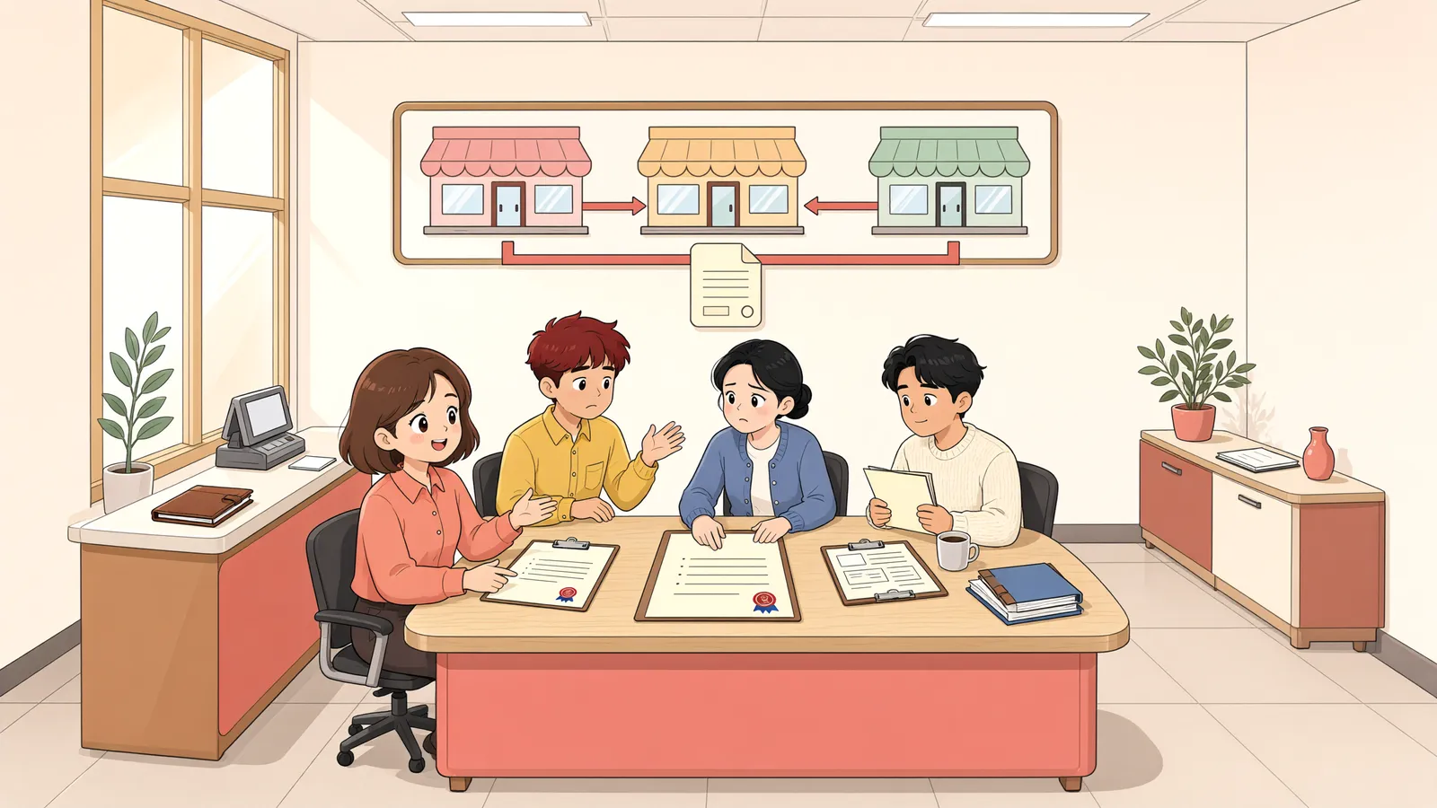 「점포별 계약서가 있어도 보증금은 합산할 수 있습니다」 상황을 그린 삽화
