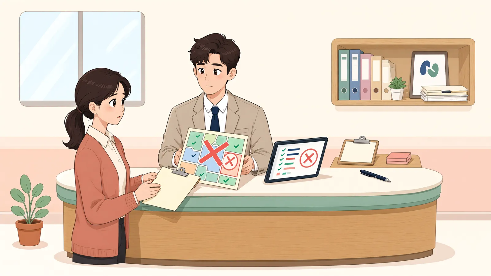「지번도 면적도 다르면, 등기 경정으로 바로잡을 수 있을까」 상황을 그린 삽화