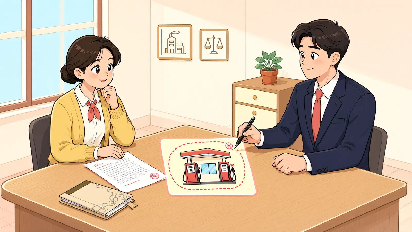 「작업장에 고정된 선반, 근저당권자가 함께 경매할 수 있을까?」 상황을 그린 삽화