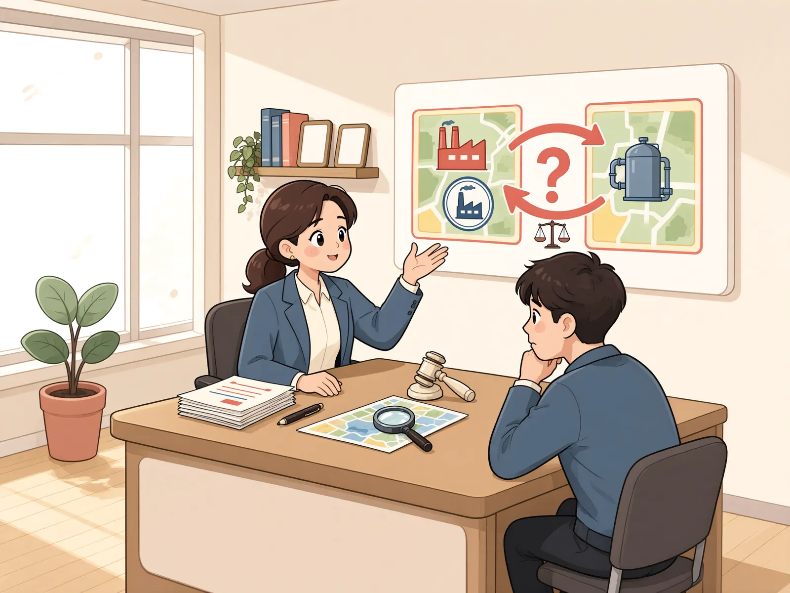 「공장 부지 밖으로 이어진 폐수처리시설, 경매에서 빠질까?」 상황을 그린 삽화