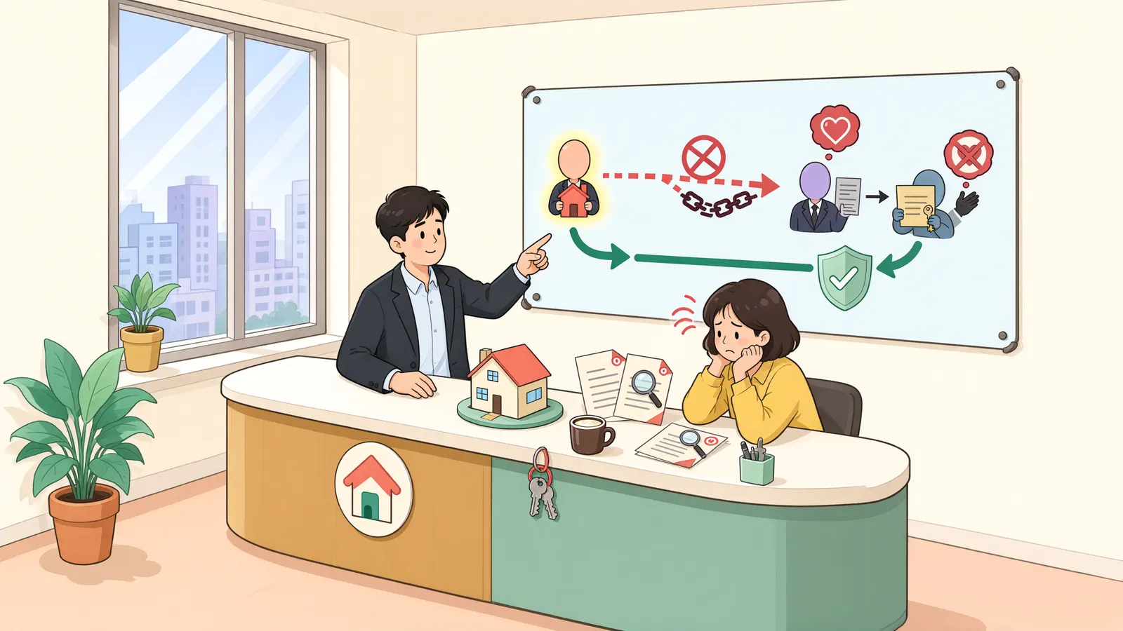 「명의가 한 번 더 넘어갔다면: 사해행위 취소와 원상회복의 갈림길」 상황을 그린 삽화