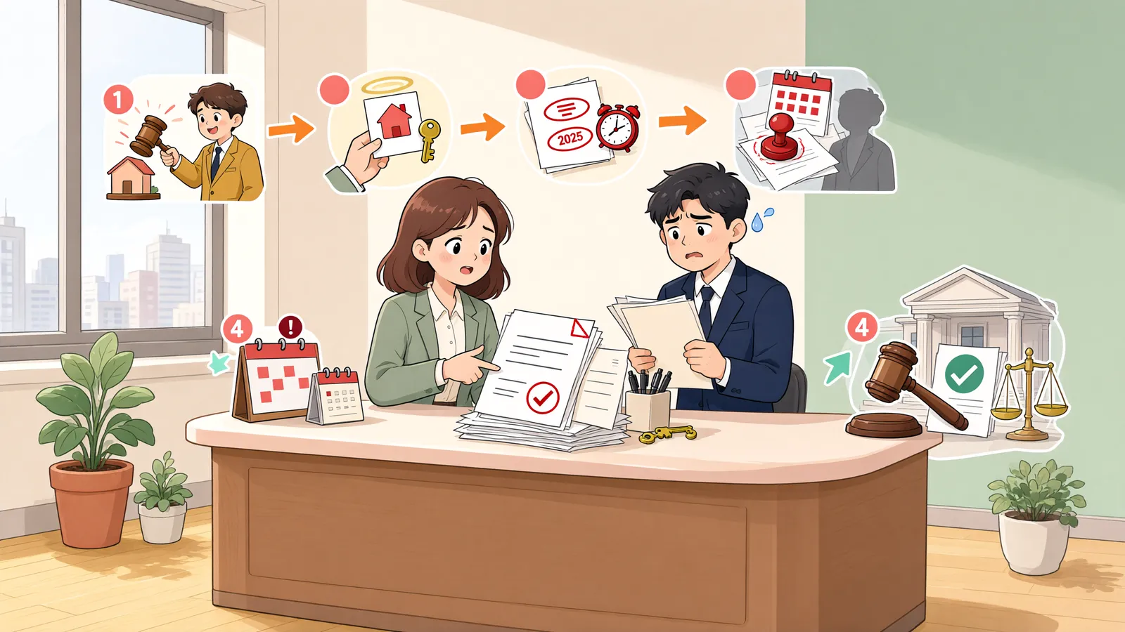 「가등기 본등기로 소유권을 잃었다면, 경매대금은 어떻게 돌려받을까」 상황을 그린 삽화
