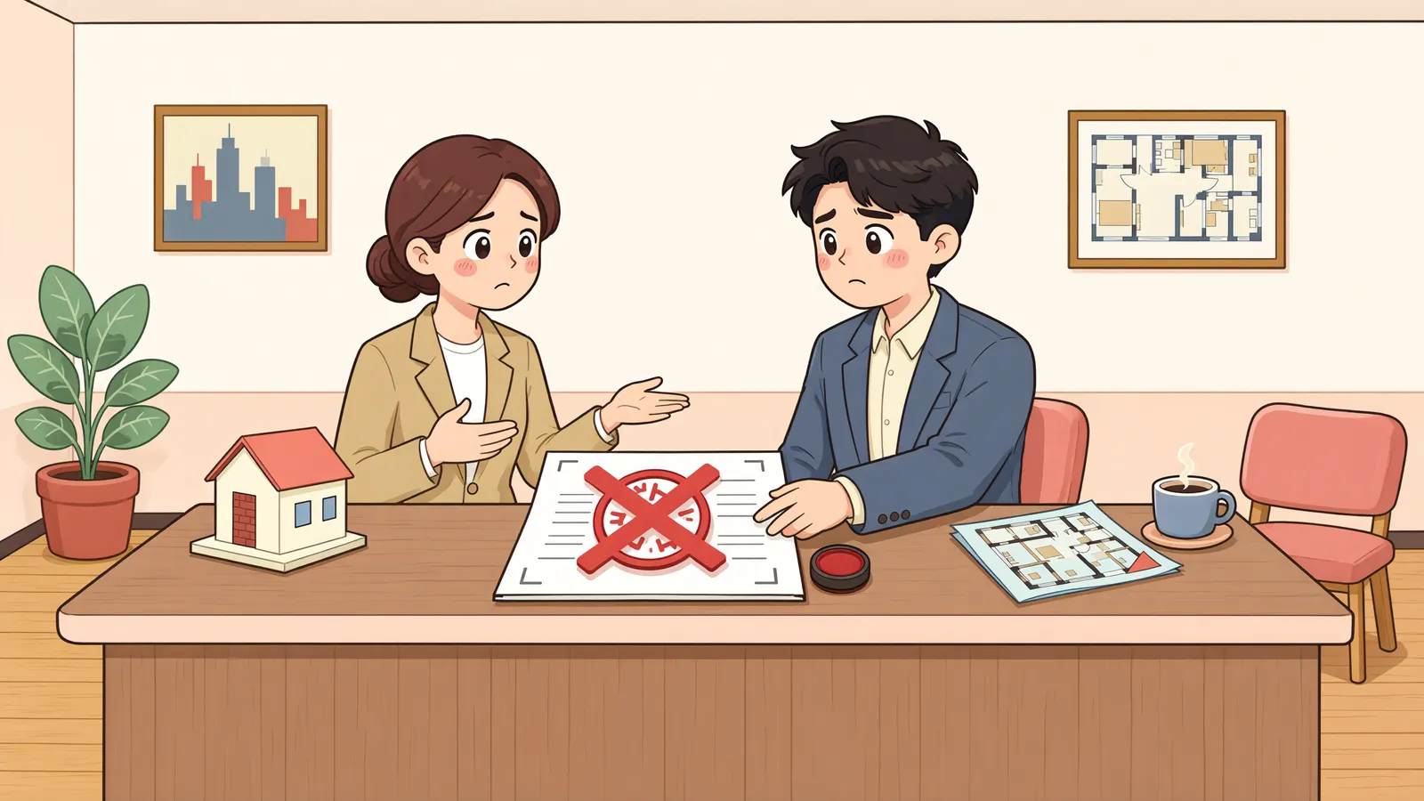 「공사 75%에서 계약이 깨졌다면, 건물도 돈도 모두 돌려줘야 할까?」 상황을 그린 삽화