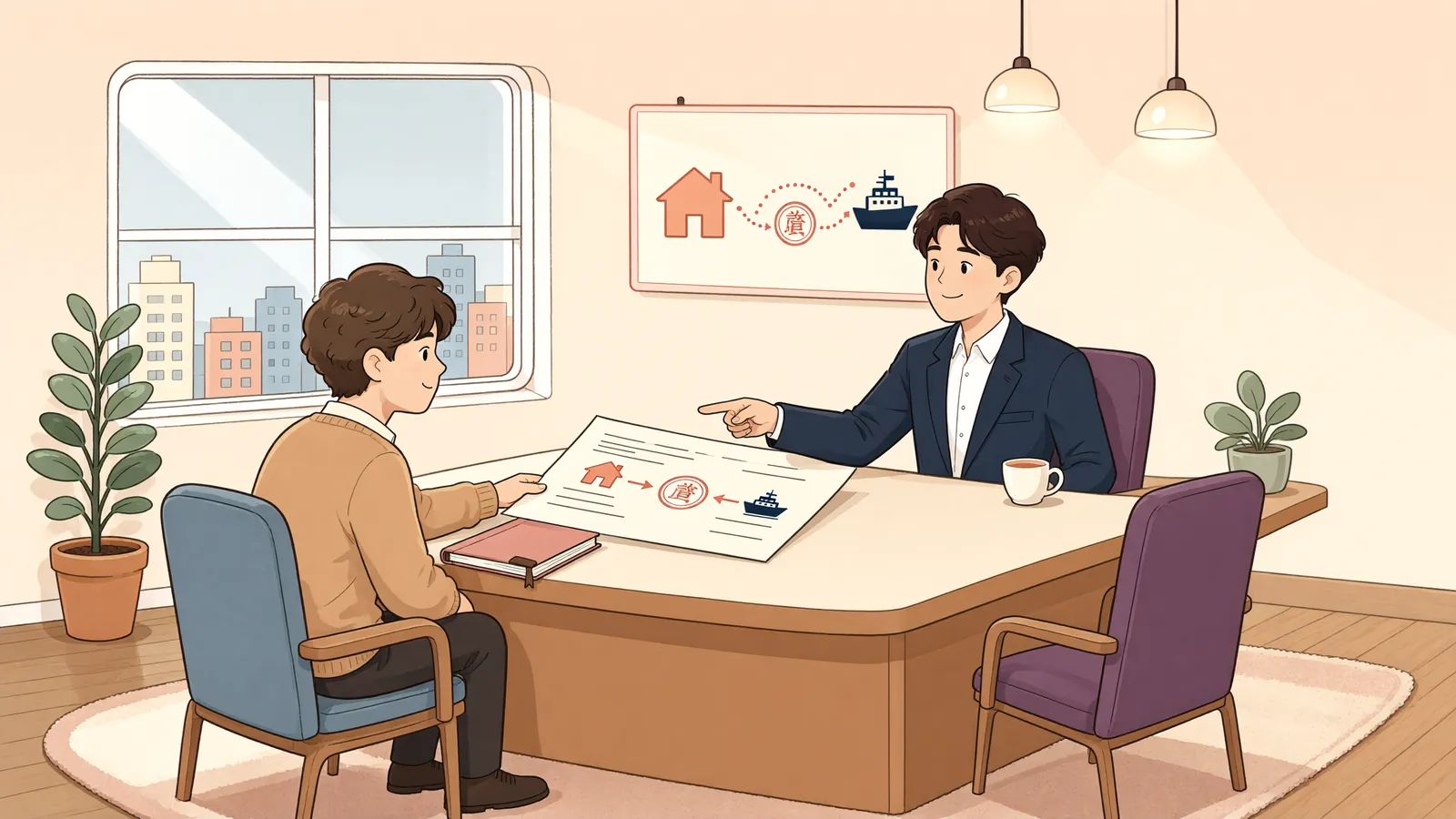 「선박 경매에서 덜 받은 배당, 토지 담보권으로 메울 수 있을까」 상황을 그린 삽화