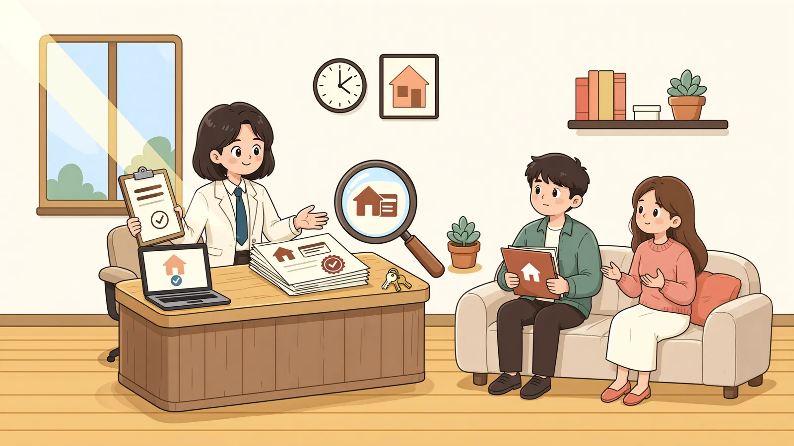 「지번 전입신고, 건물의 사정에 따라 결과가 달라집니다」 상황을 그린 삽화