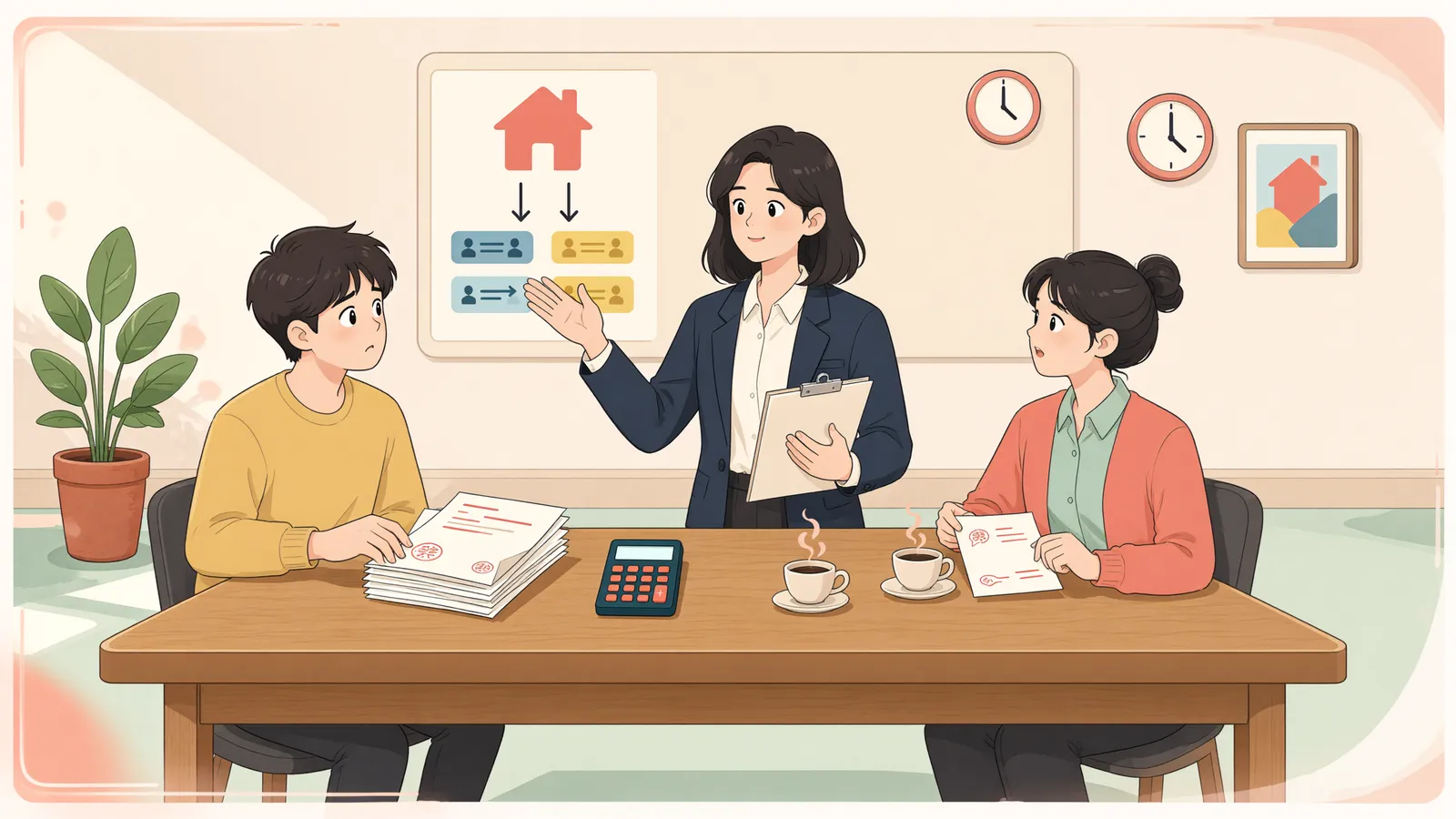 「공동저당 배당, 물상보증인 땅은 처음부터 나눠 부담할까?」 상황을 그린 삽화