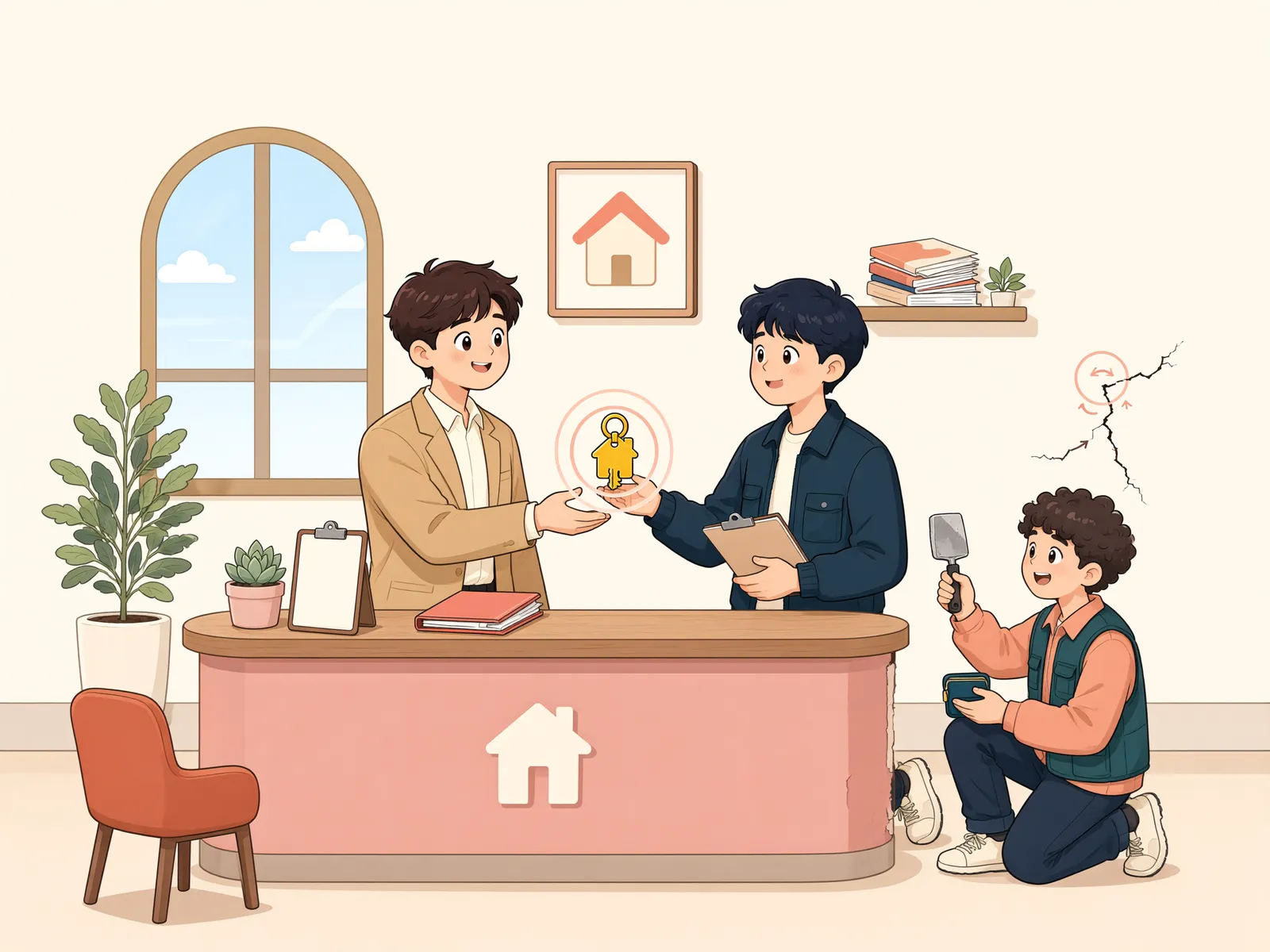 「열쇠를 건넸는데, 공사대금은 아직일까?」 상황을 그린 삽화