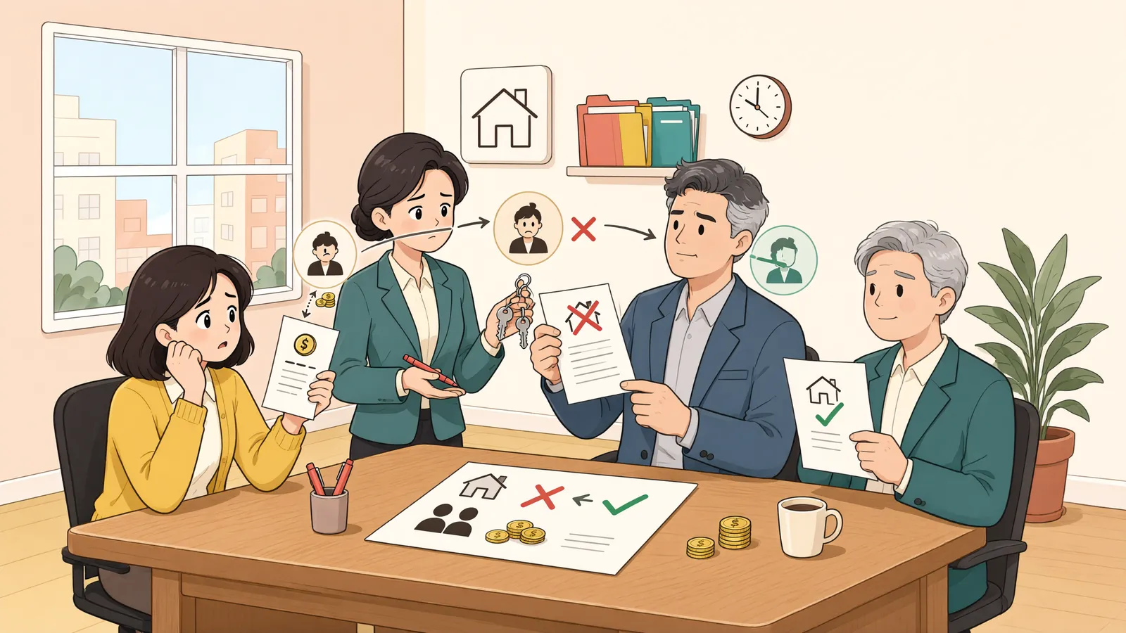 「등기부상 집주인이 따로 있어도, 보증금은 누구에게 청구할까」 상황을 그린 삽화