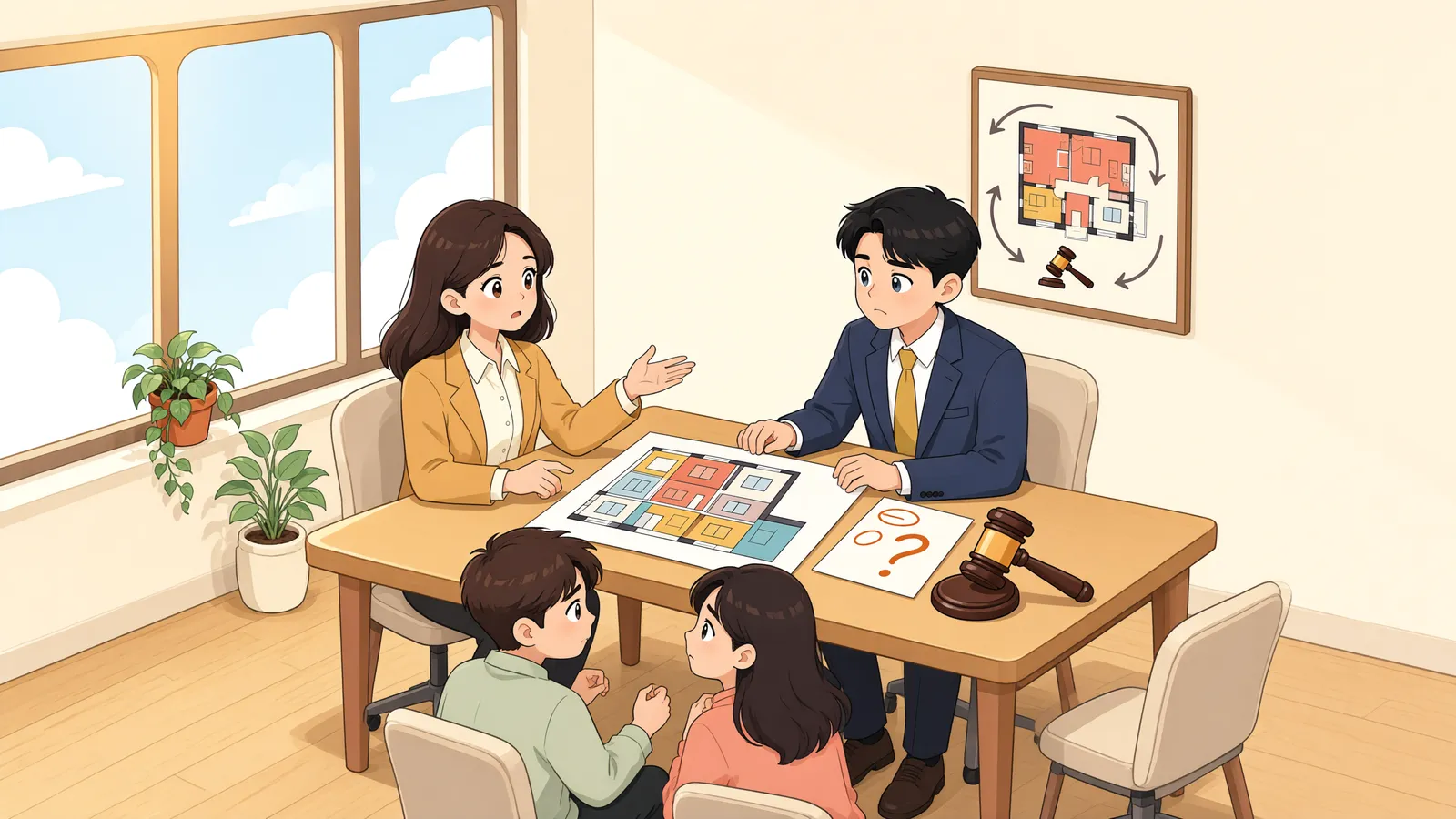 「상가 한 칸의 전세권, 건물 전체를 경매에 넘길 수 있을까」 상황을 그린 삽화