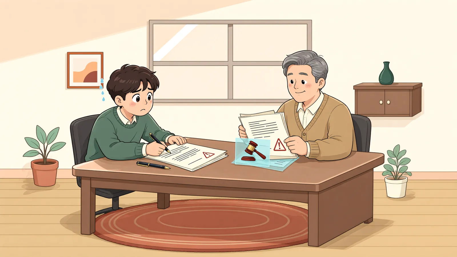 「경매 사실을 숨긴 전세계약, 보증금은 어디서 돌려받을까」 상황을 그린 삽화
