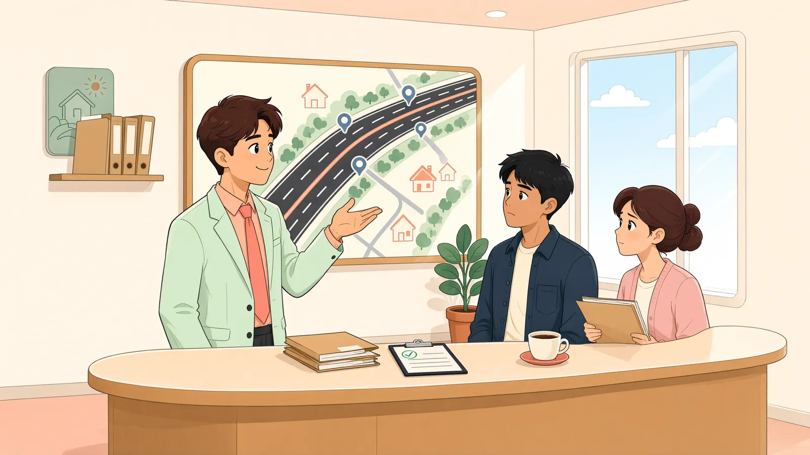 「고속도로 옆 새 아파트, 소음 책임은 달라질까?」 상황을 그린 삽화