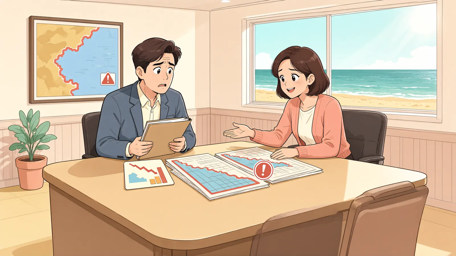 「낮은 염전으로 들어오지 않는 바닷물, 누가 양보해야 할까」 상황을 그린 삽화