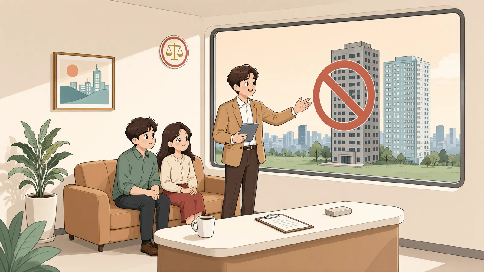 「상업지역의 전망, 공사중지까지 막아낼 수 있을까」 상황을 그린 삽화