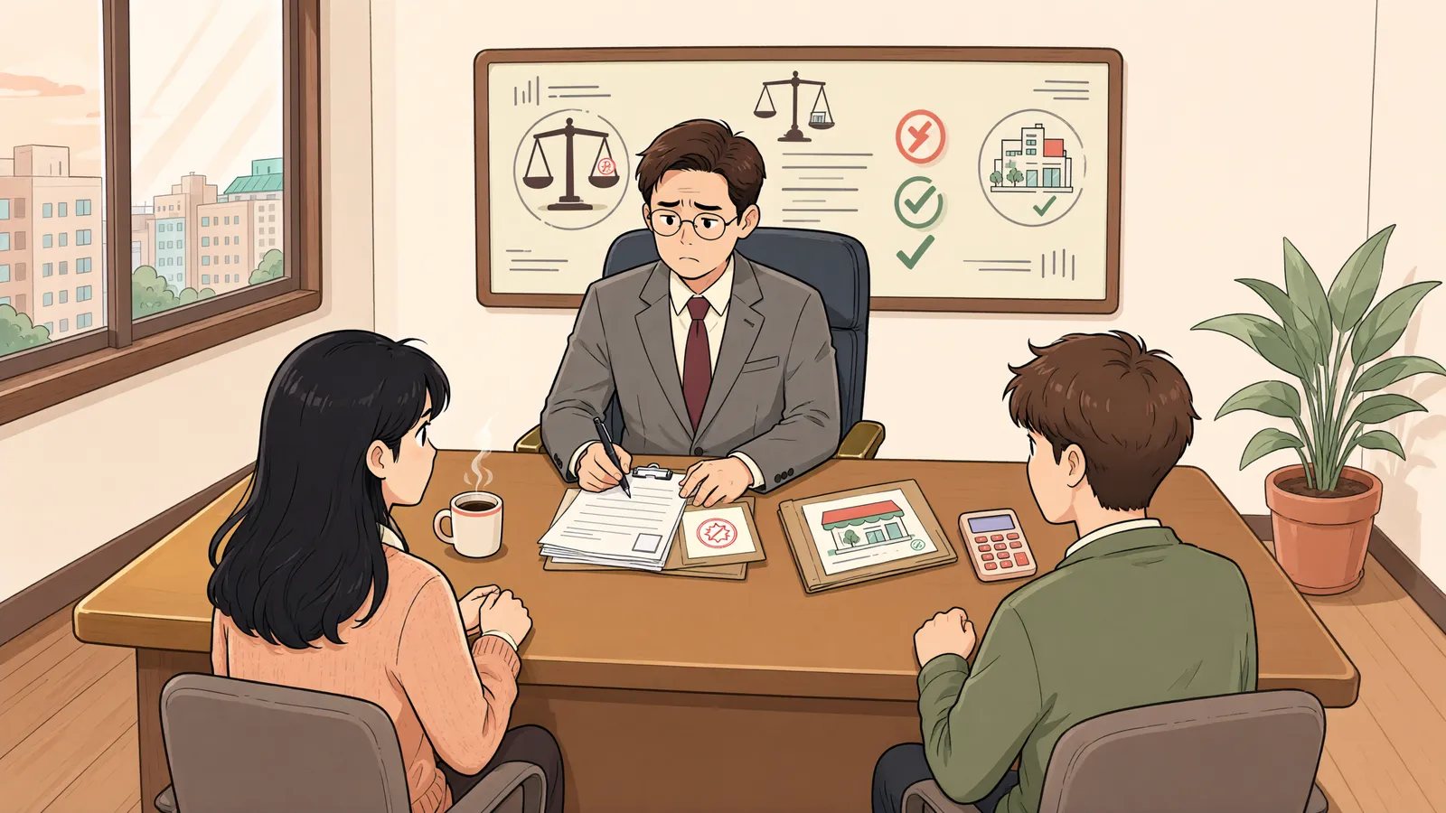 「보증금 기준을 넘은 상가, 재건축 통보까지 받았다면」 상황을 그린 삽화