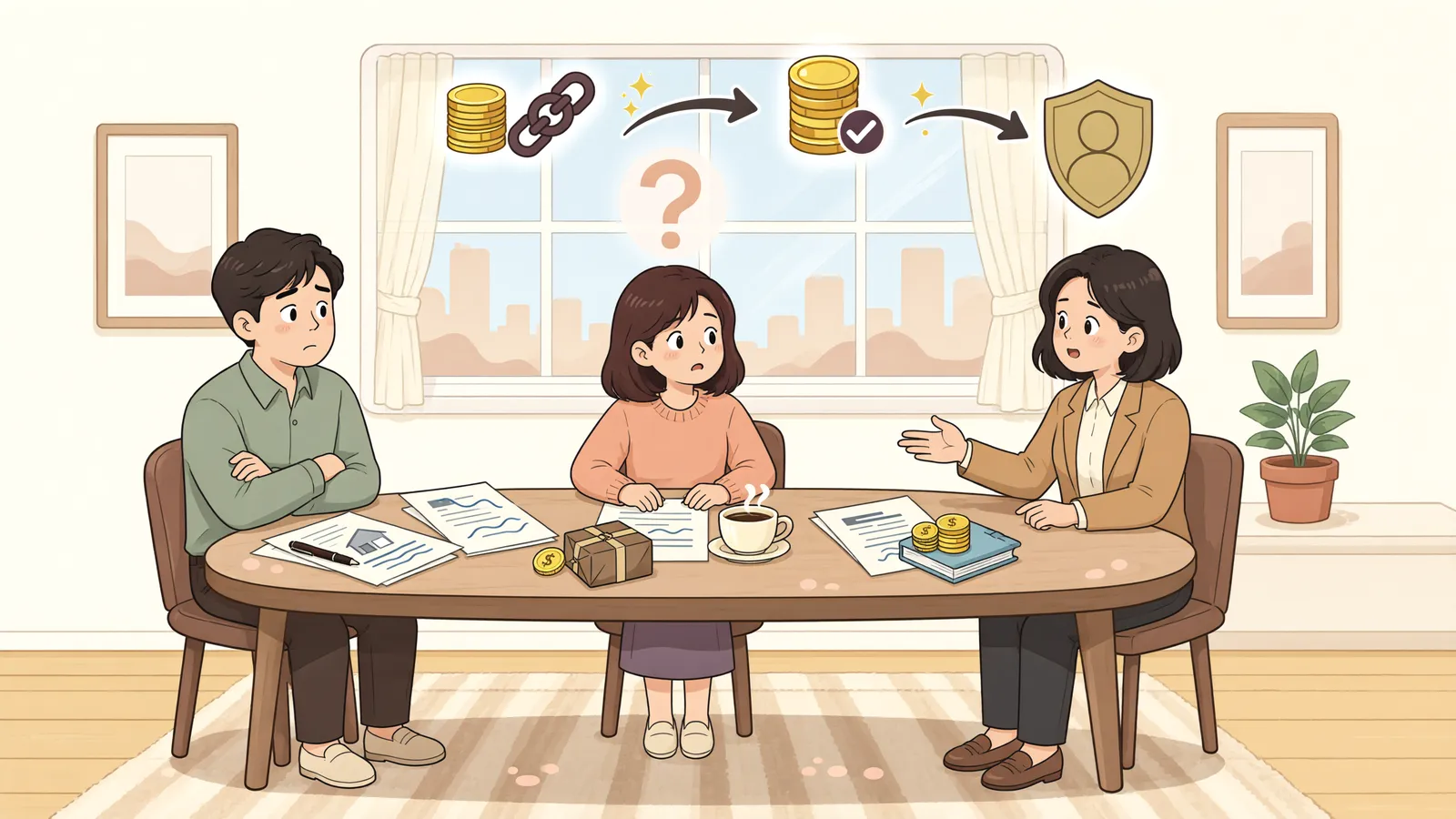 「장부상 대환, 담보도 그대로 따라갈까?」 상황을 그린 삽화