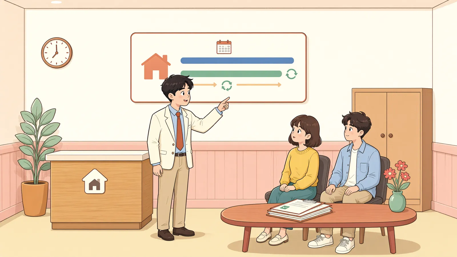 「갱신됐다고 꼭 2년 더 묶이는 건 아닙니다」 상황을 그린 삽화