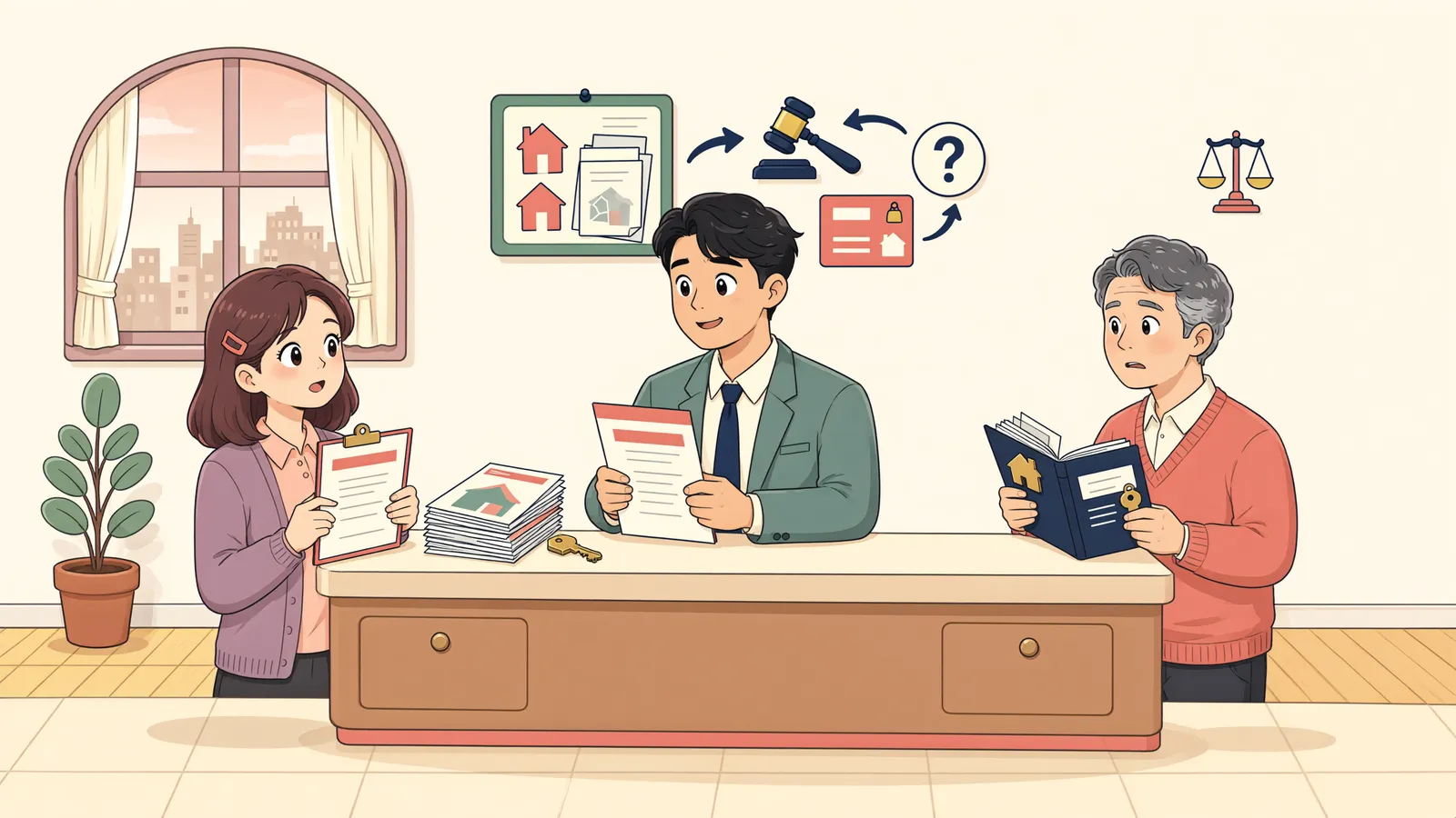 「유치권 경매가 멈춘 뒤 다른 경매로 팔렸다면」 상황을 그린 삽화