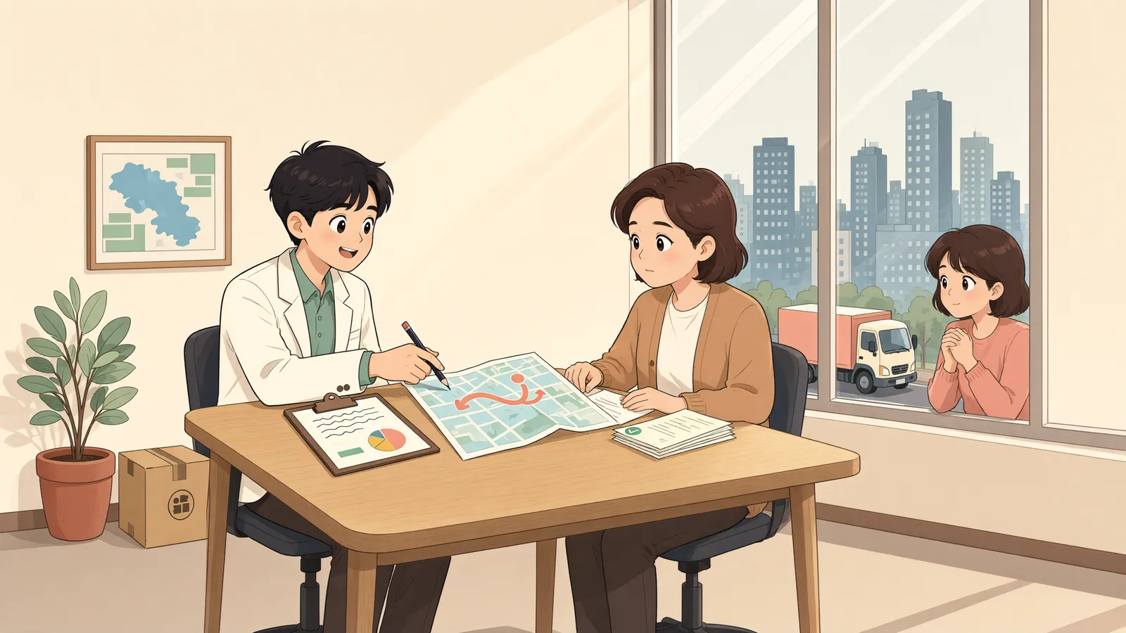 「사업장을 옮겼는데 영업보상은 못 받나요?」 상황을 그린 삽화