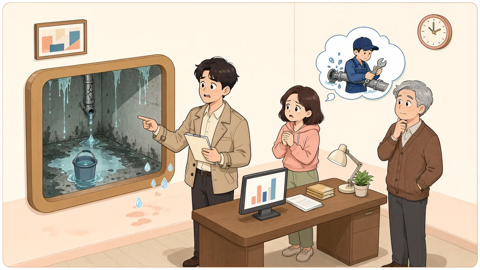 「비 새는 공방, 임대료를 멈춰도 될까요?」 상황을 그린 삽화