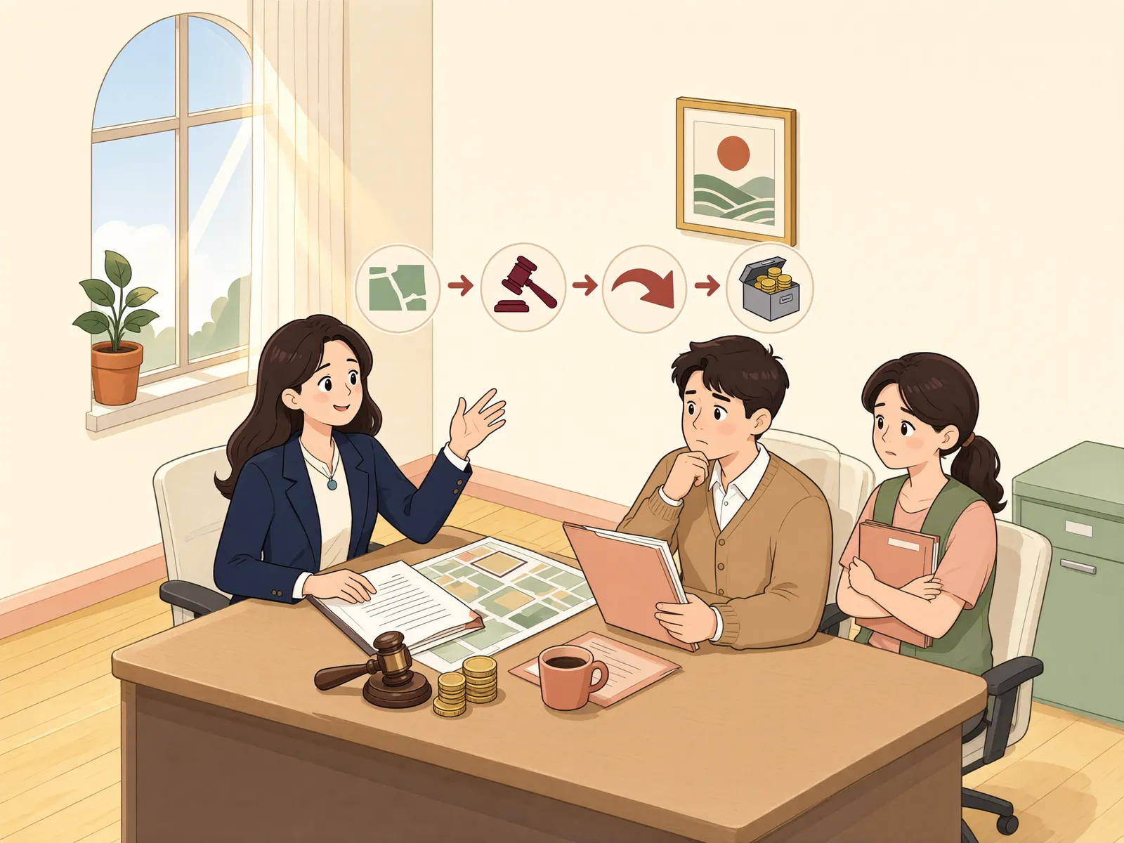 「보상금채권에 전부명령이 내려졌는데, 지자체가 공탁했다면」 상황을 그린 삽화