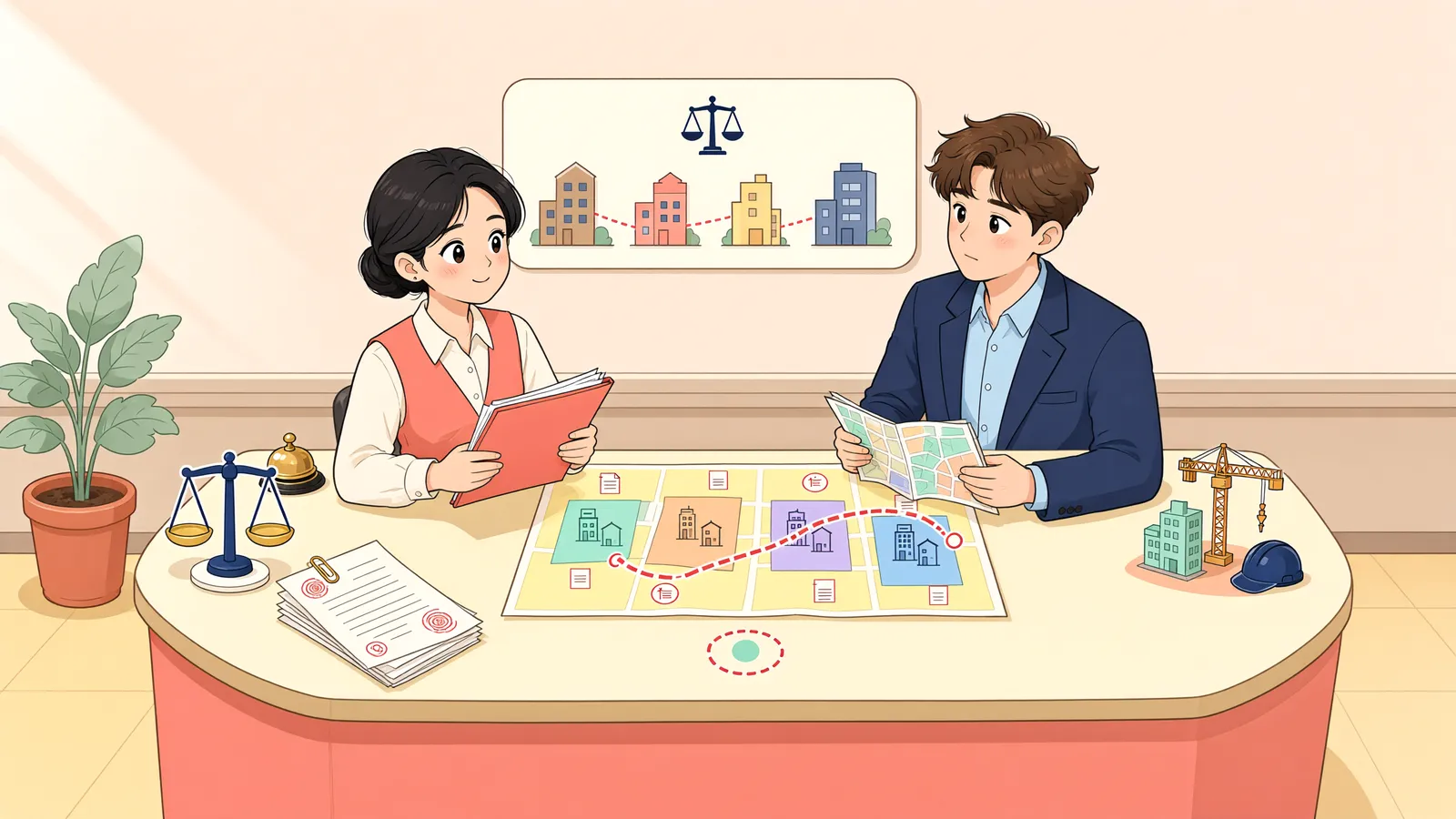 「옛 건물의 흔적이 남은 합동건물, 법정지상권은 어디까지?」 상황을 그린 삽화