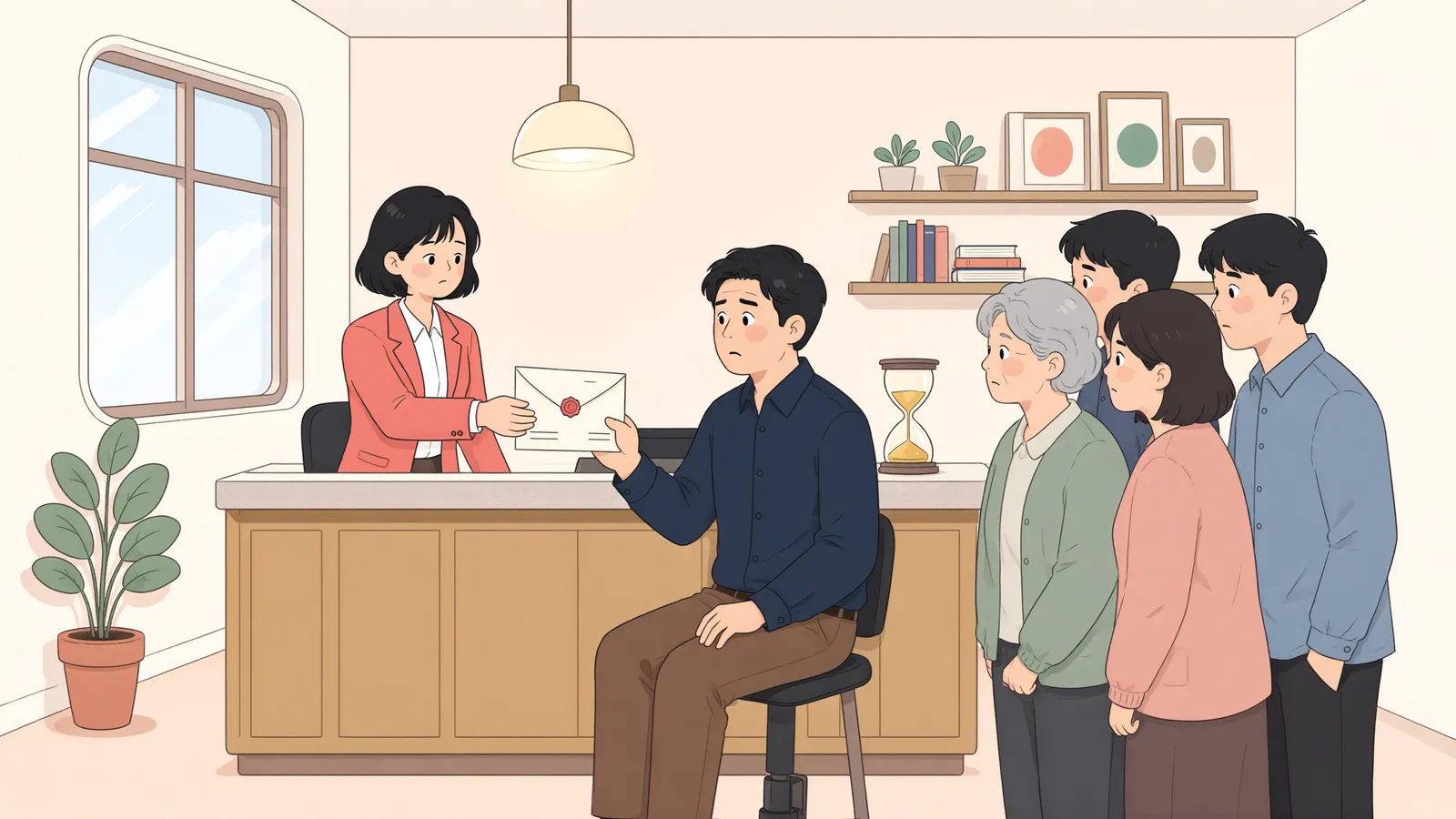 「공동상속인 중 한 명에게만 보낸 고지서, 다른 상속인에게도 효력이 있을까」 상황을 그린 삽화