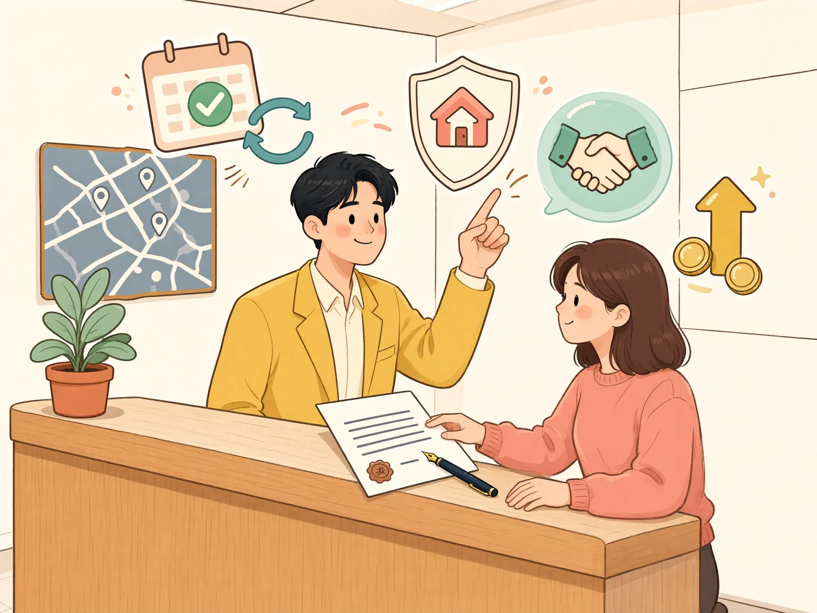 「새 계약의 월세 인상에도 상한이 적용될까?」 상황을 그린 삽화