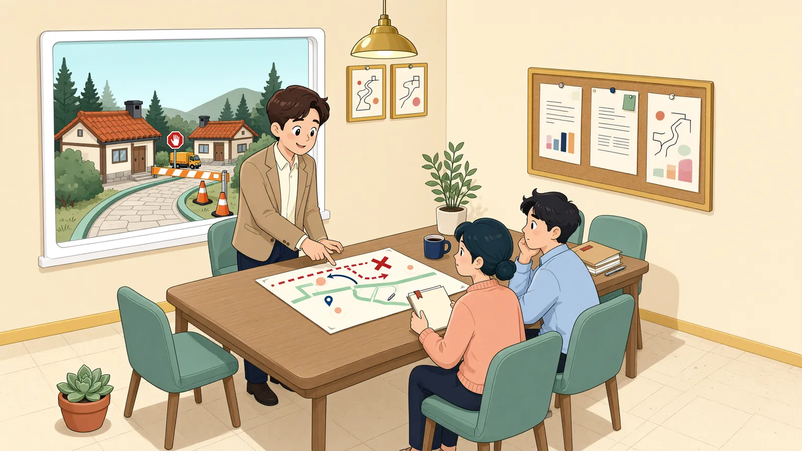 「담장 하나로 막힌 마을길, 20년 통행이면 권리가 생길까」 상황을 그린 삽화