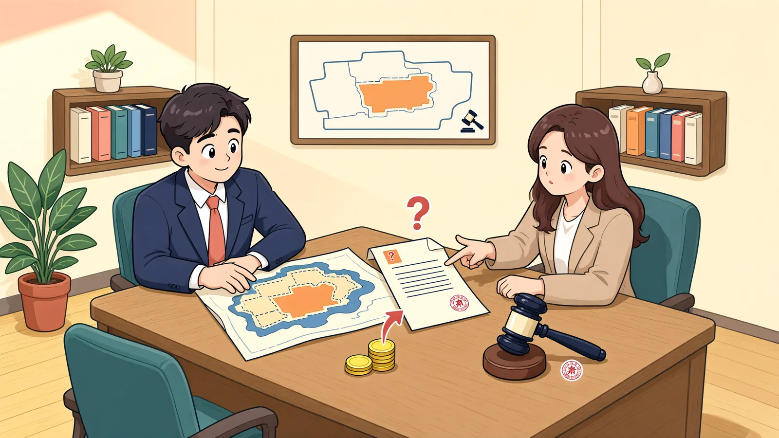 「땅값이 빚보다 훨씬 올랐어도, 건물까지 함께 경매할 수 있을까?」 상황을 그린 삽화