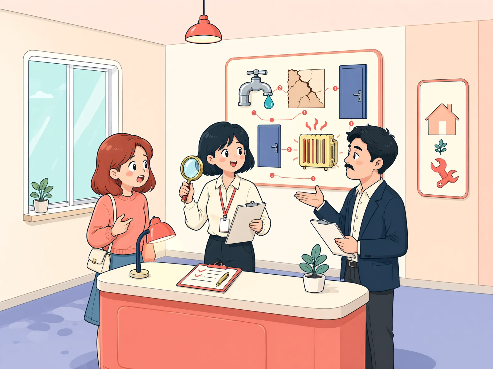 「몰랐던 배수관 하자, 임대인이 고쳐야 할까?」 상황을 그린 삽화