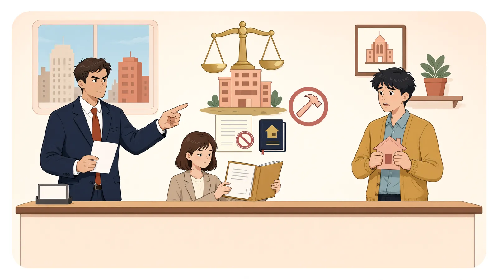 「건물은 넘겨받았는데, 땅 주인이 철거를 요구한다면」 상황을 그린 삽화