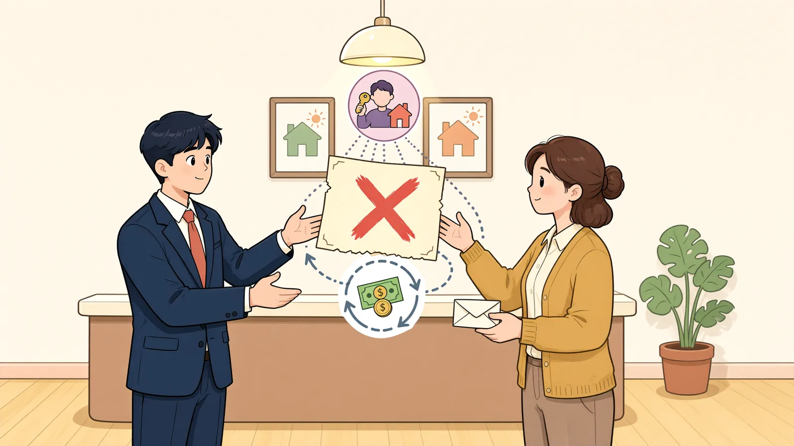 「제3자에게 넘긴 땅, 계약이 풀리면 누구에게 돌려달라고 해야 할까」 상황을 그린 삽화