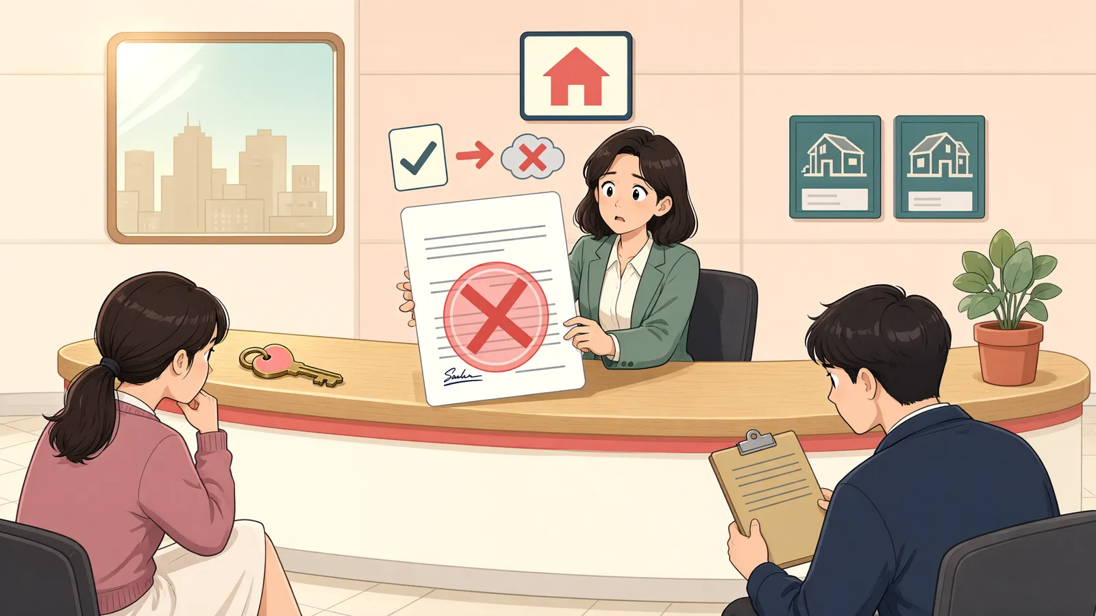 「허가를 기다리다 한 그루도 못 캤다면, 매매대금은 돌려받을 수 있을까」 상황을 그린 삽화