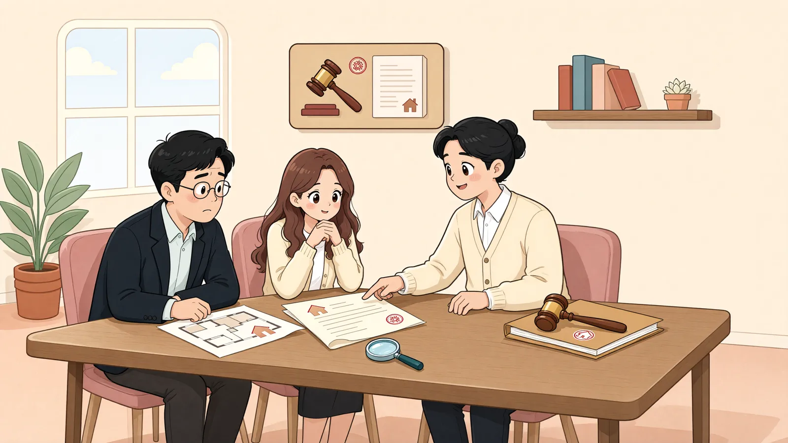 「경매 이의절차에서 서로 같은 말을 해도, 법원은 현장을 다시 볼 수 있다」 상황을 그린 삽화