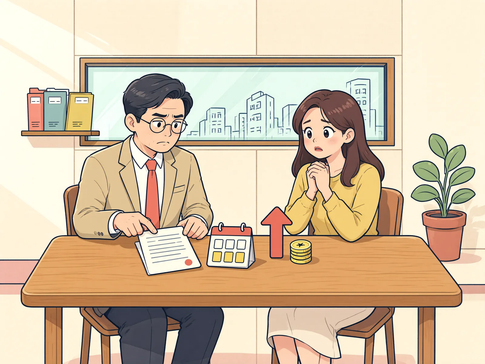 「만료 뒤 갑자기 오른 보증금, 가게를 비워야 할까」 상황을 그린 삽화