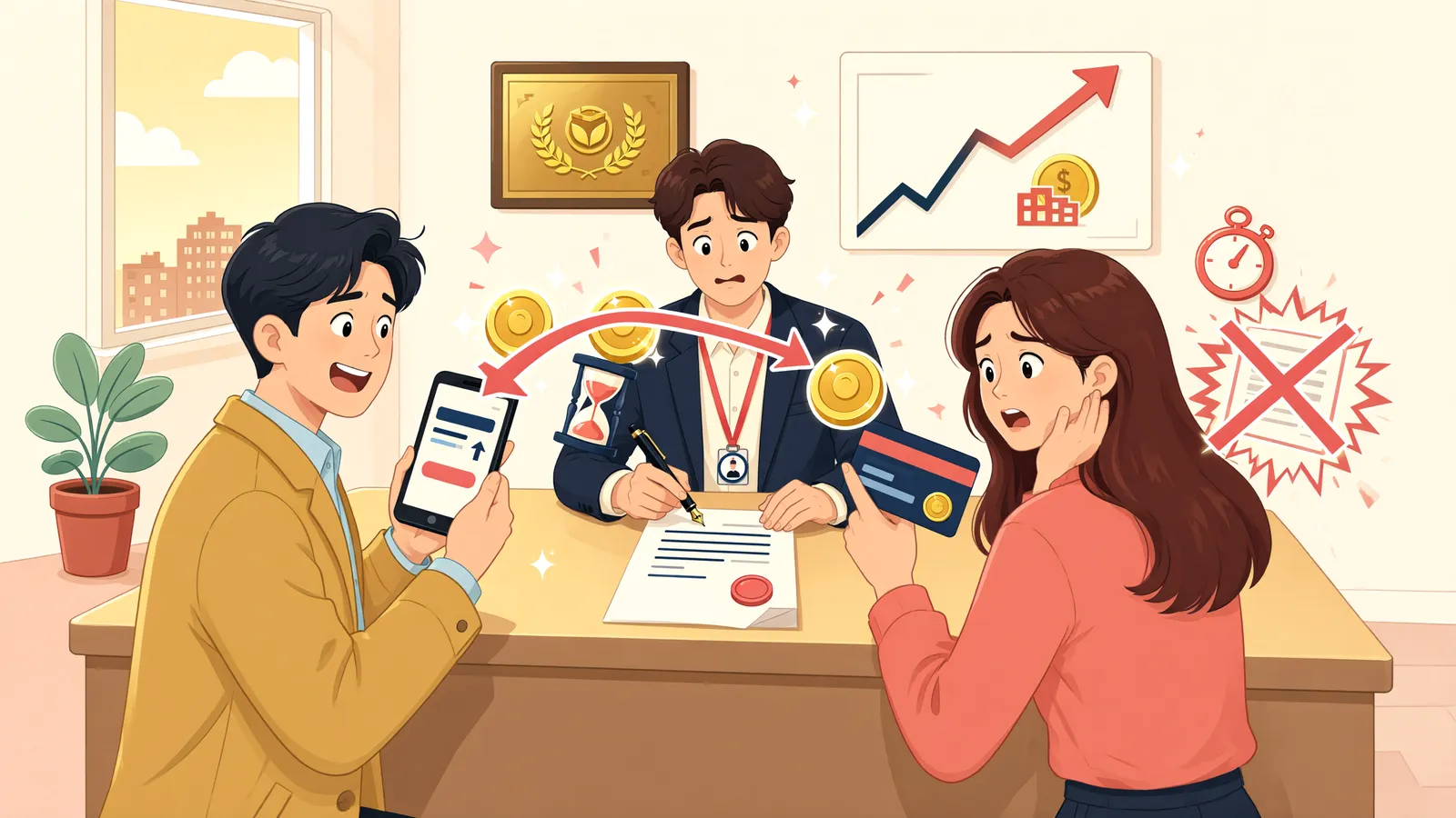 「잔금일 전 입금, 매도인이 계약을 되돌릴 수 있을까」 상황을 그린 삽화