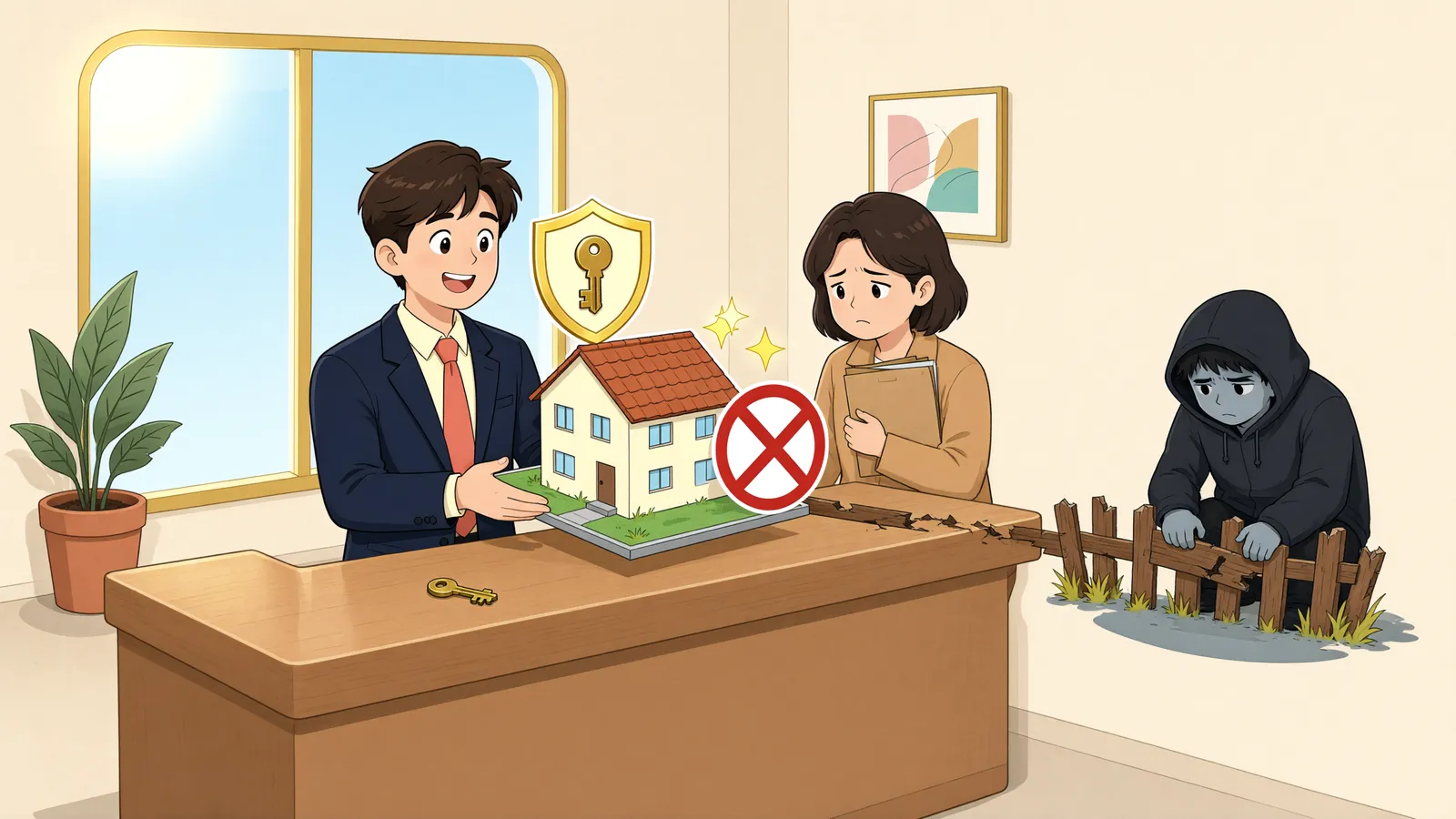 「소수지분을 샀다면, 시효취득자의 건물도 철거할 수 있을까」 상황을 그린 삽화