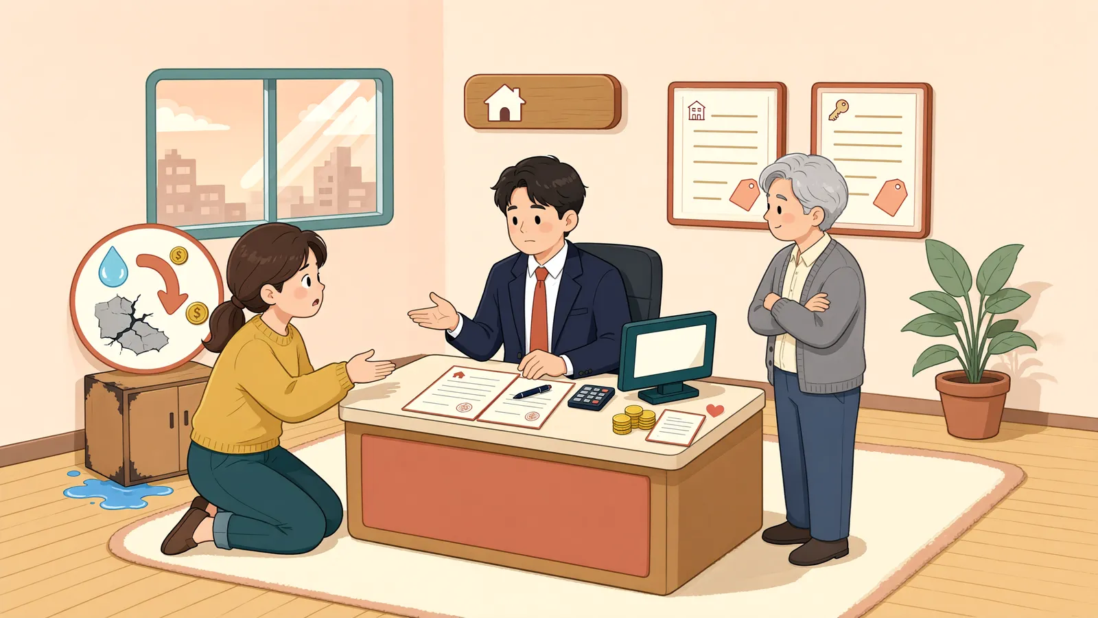 「화재로 건물이 일부 탔는데, 전세금 전액을 돌려주지 않아도 될까?」 상황을 그린 삽화