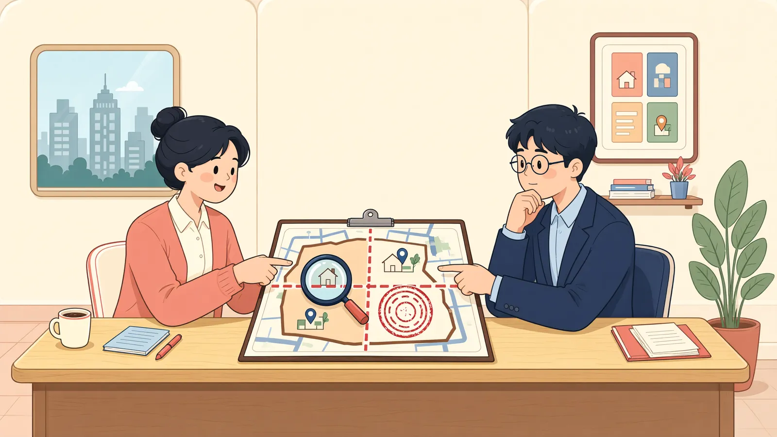 「땅을 나눴는데, 저당권도 따라 나뉠까?」 상황을 그린 삽화