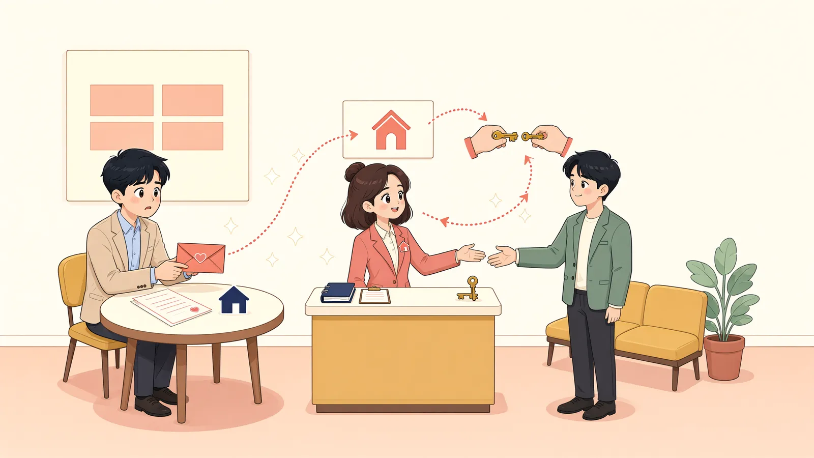 「직원 전입신고만으로 법인 임차인의 보증금이 새 집주인에게 넘어갈까」 상황을 그린 삽화