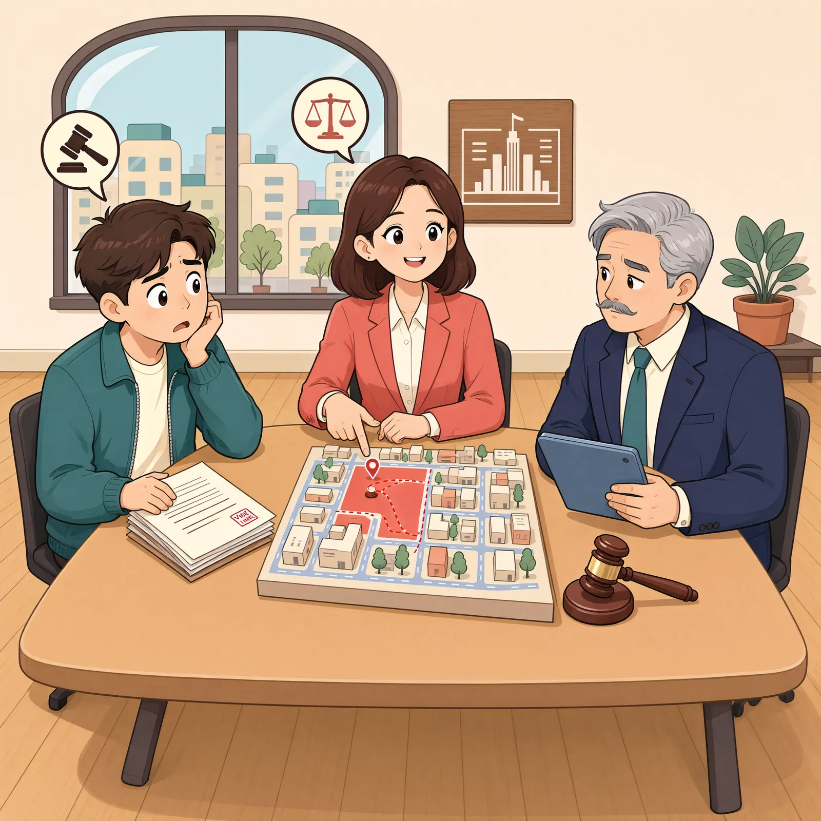 「도시계획선이 건물을 가른다면, 소송으로 다툴 수 있을까」 상황을 그린 삽화
